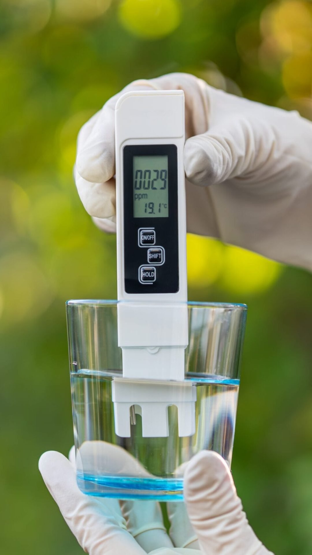 Ph,Meter,In,Hands,With,Gloves,,Glass,Of,Water,On Ph,Meter,In,Hands,With,Gloves,,Glass,Of,Water,On