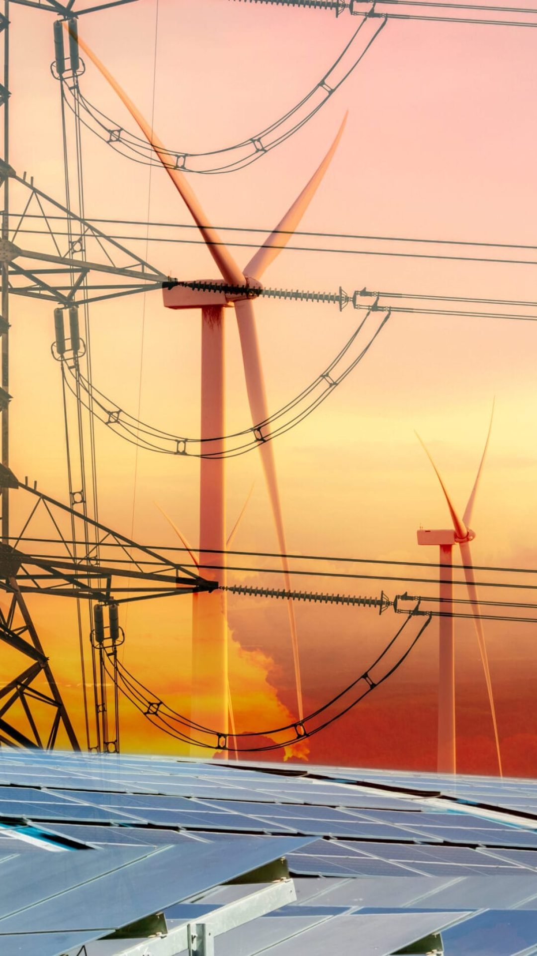 Sustainable energy. Solar farm, wind turbine, and electric pylon Sustainable energy. Solar farm, wind turbine, and electric pylon with sunset sky. Sustainable resources. Solar, wind power. Renewable energy. Green energy. Carbon neutrality and net zero emissions.